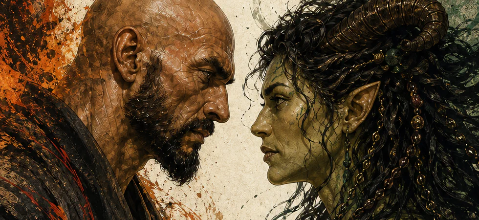 Rishi and Maeril face one another in profile, wrapped in red and green ink shadows.